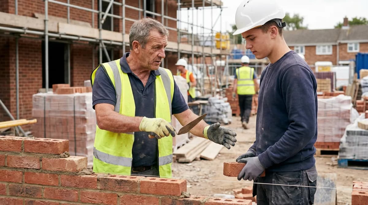 Artisan maçon montrant une technique de pose à son apprenti sur un chantier