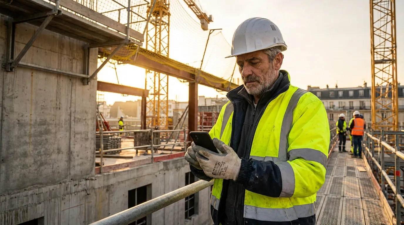 Artisan du bâtiment sur un chantier avec un smartphone à la main