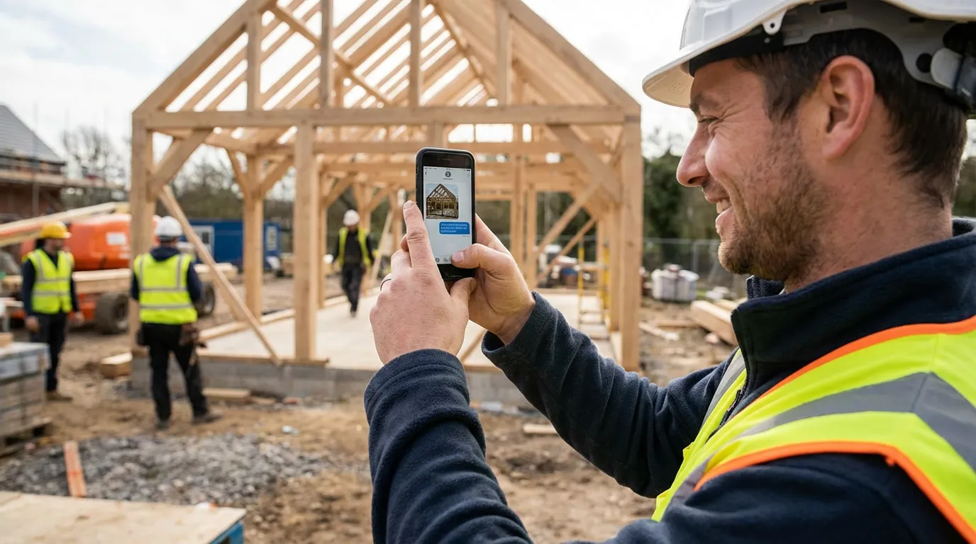 Artisan envoyant une photo d'avancement de chantier à son client depuis son téléphone