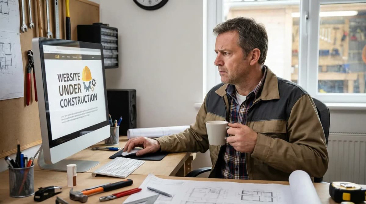 Artisan hésitant devant un écran d'ordinateur affichant un site web en construction