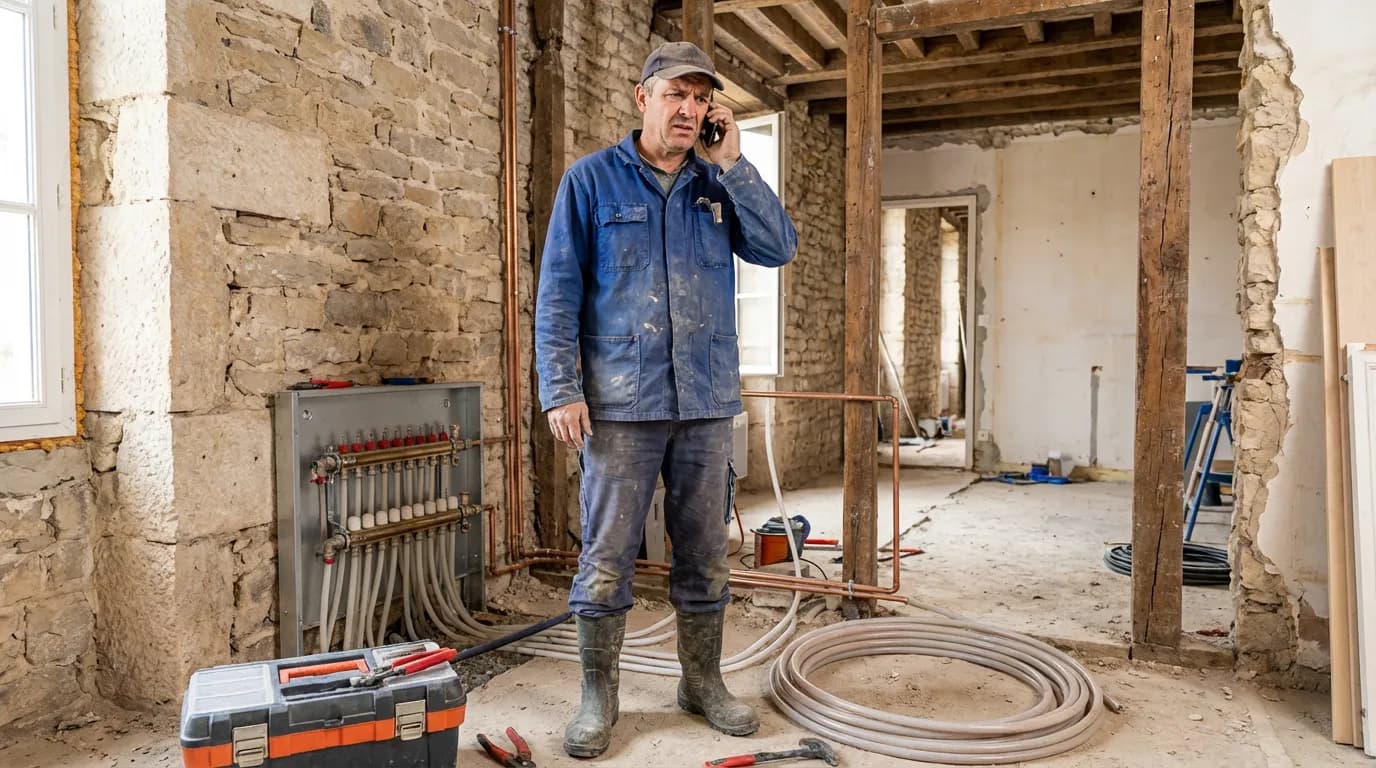 Artisan plombier reçoit un appel d'urgence pendant qu'il intervient sur un chantier prévu
