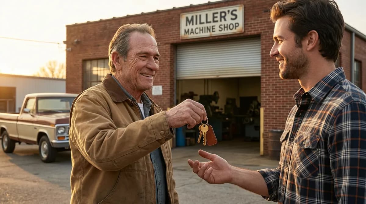 Artisan expérimenté transmettant les clés de son entreprise à un jeune repreneur devant l'atelier