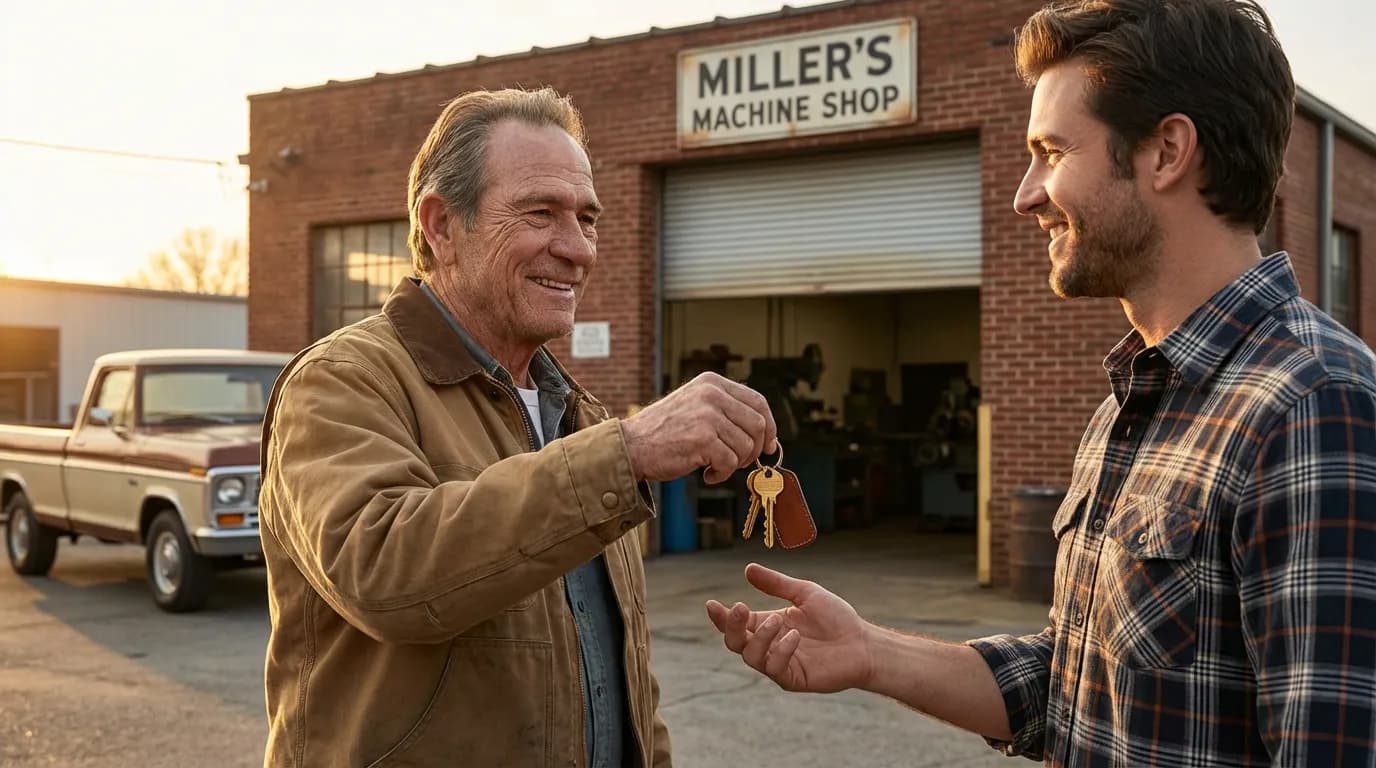Artisan expérimenté transmettant les clés de son entreprise à un jeune repreneur devant l'atelier