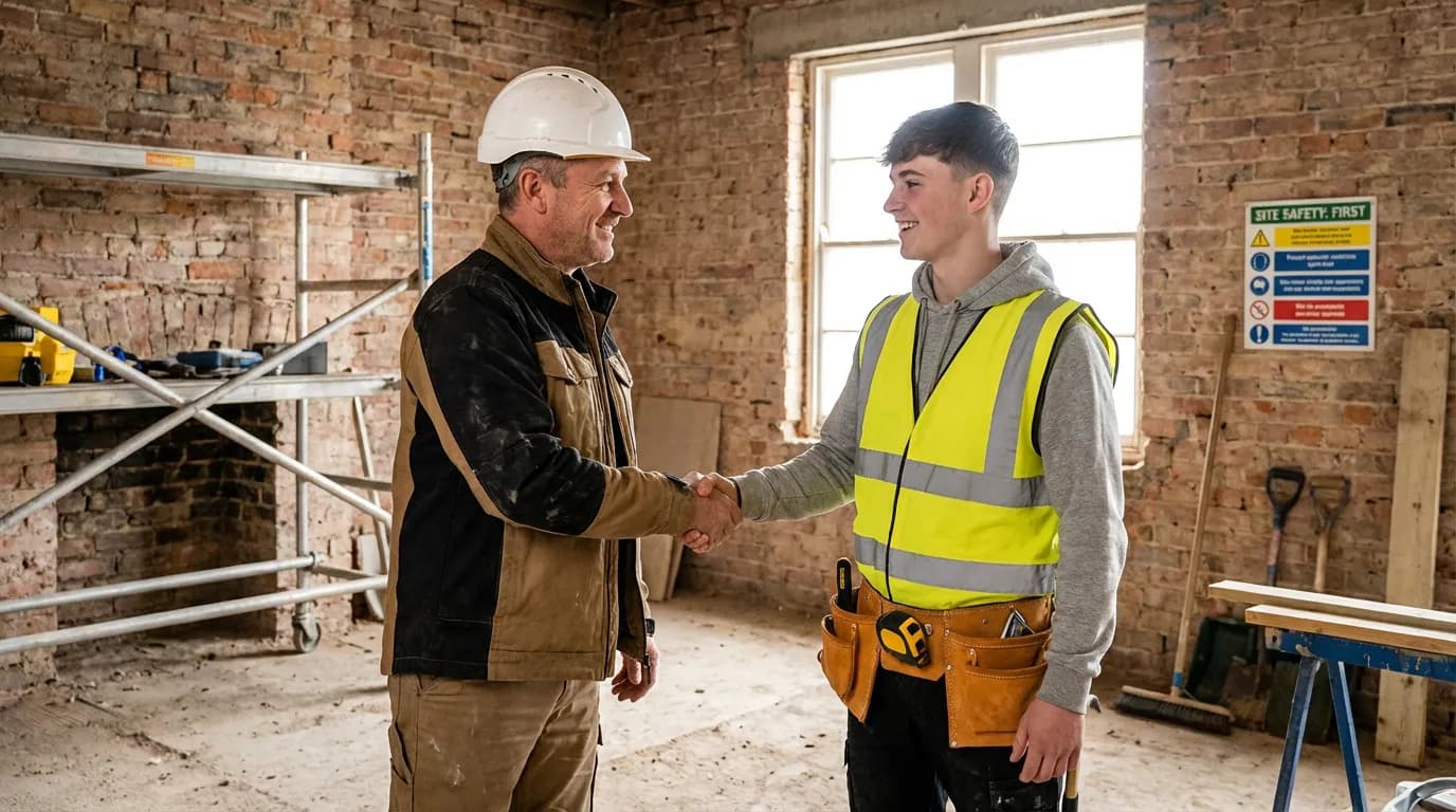 Artisan du bâtiment accueillant son premier salarié sur un chantier de rénovation