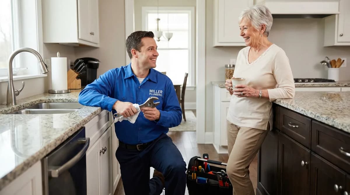 Artisan plombier terminant un dépannage et discutant avec un client satisfait dans sa cuisine