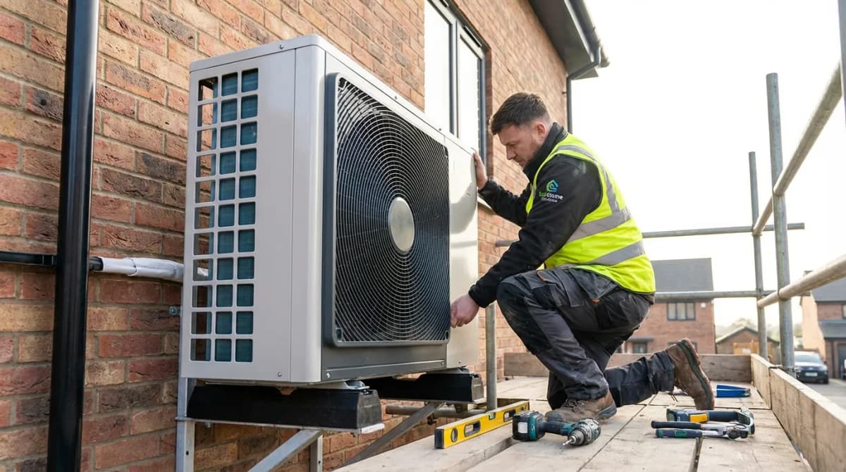 Artisan installant une pompe à chaleur air-eau sur la façade d'une maison individuelle