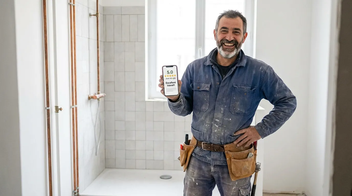 Artisan du bâtiment souriant en consultant des avis 5 étoiles sur son téléphone devant un chantier terminé