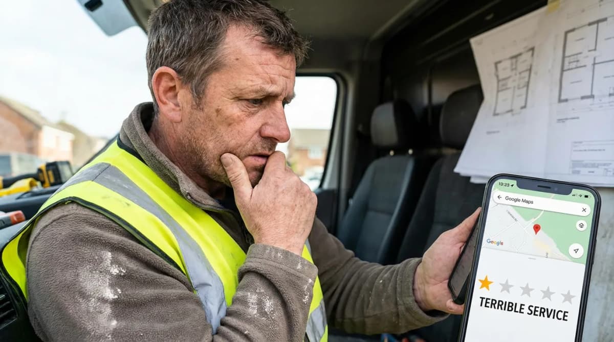 Artisan lisant un avis négatif sur Google sur son téléphone avec une expression contrariée