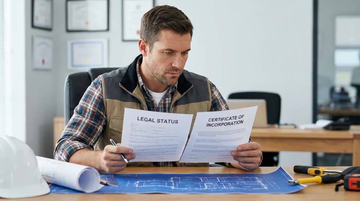 Artisan du bâtiment comparant deux documents de statuts juridiques à son bureau