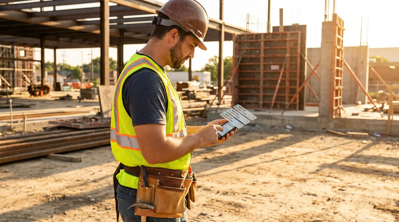 Artisan du bâtiment sur un chantier consultant son téléphone avec des notifications de nouveaux clients
