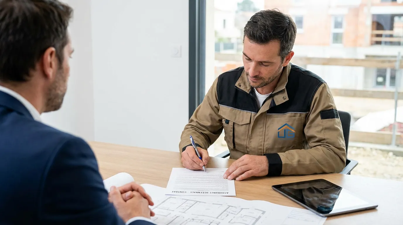 Artisan du bâtiment signant un contrat d'assurance décennale à son bureau
