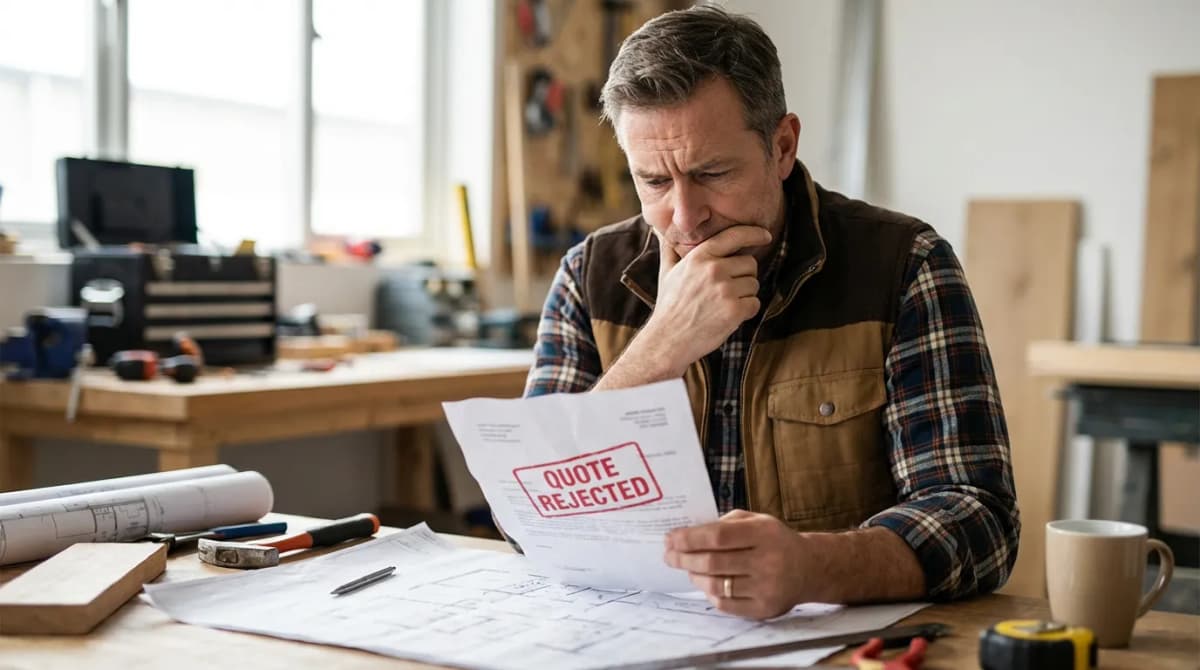 Artisan regardant un devis marqué 'refusé' sur son bureau en réfléchissant