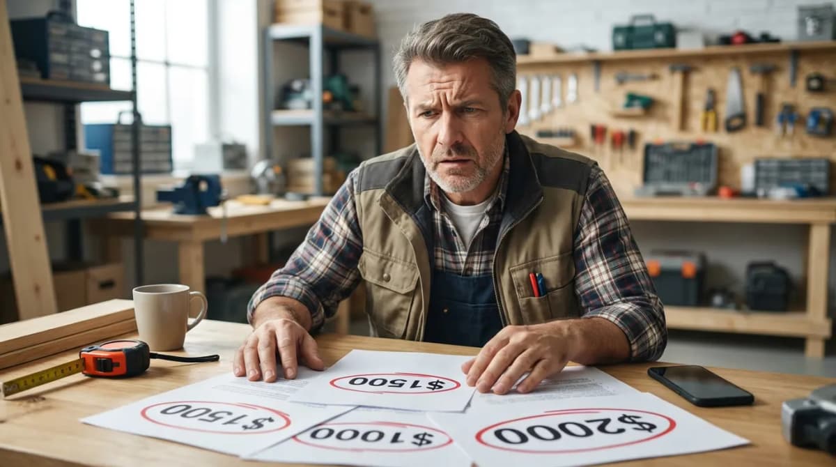 Artisan perplexe devant un devis avec des montants très bas sur son bureau