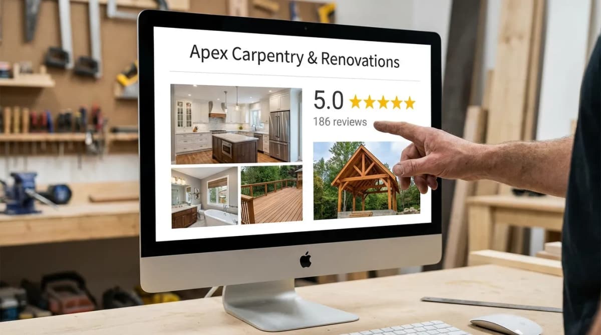 Fiche Google Business d'un artisan avec des avis 5 étoiles et des photos de chantier