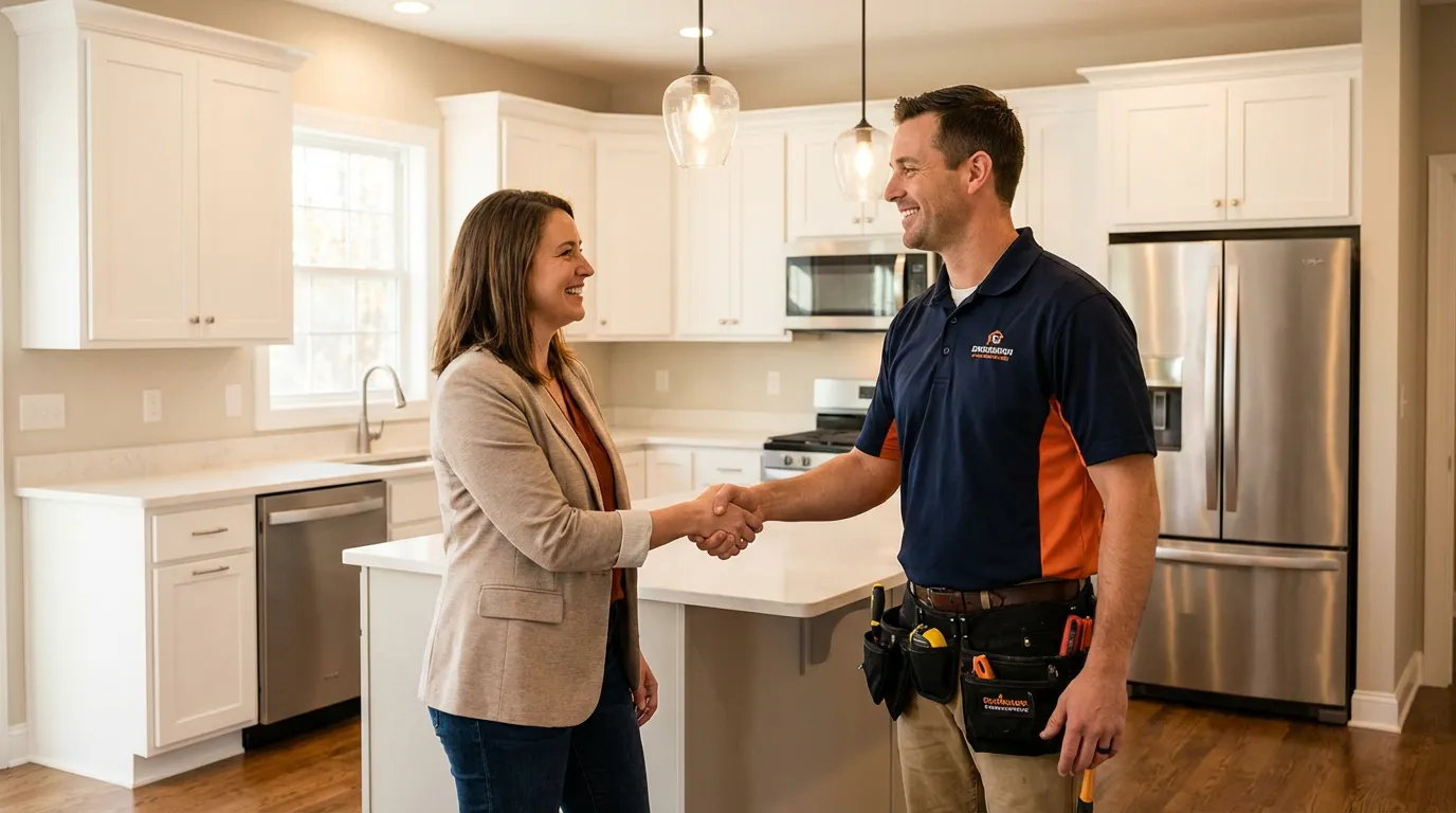 Artisan serrant la main d'un client satisfait devant une cuisine rénovée