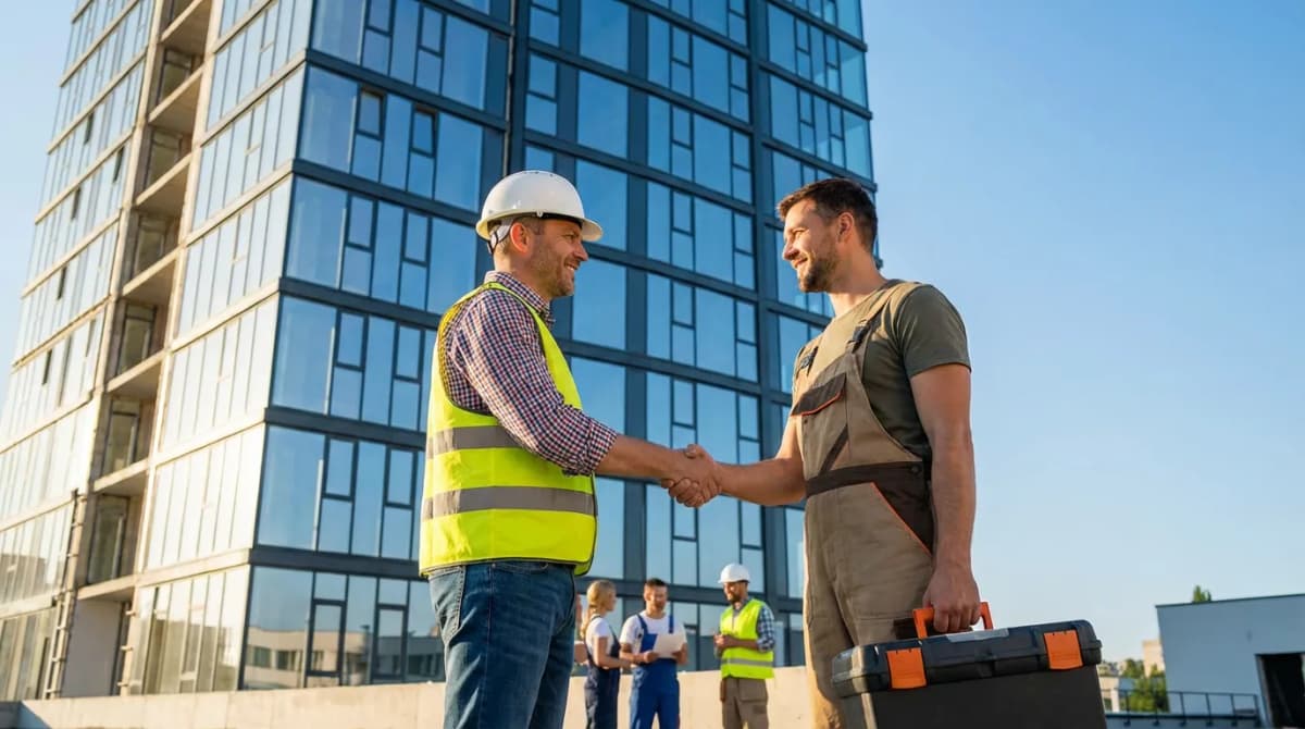 Chef d'entreprise artisan félicitant un compagnon sur un chantier terminé