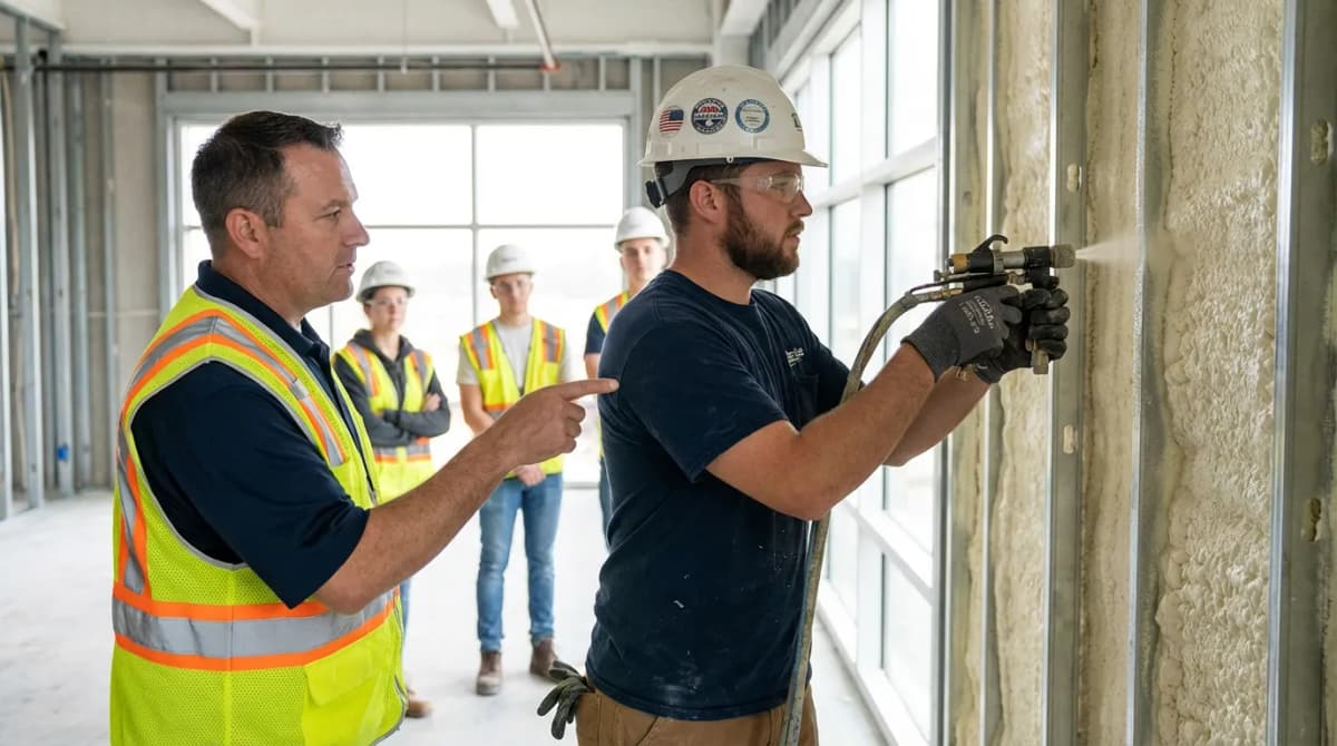 Artisan du bâtiment en formation pratique sur une nouvelle technique d'isolation