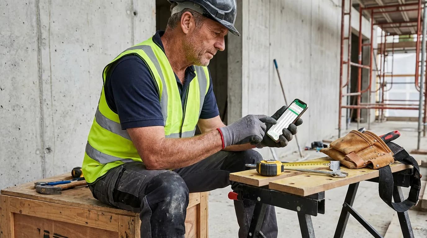Artisan qui gère ses devis et factures depuis son téléphone sur chantier