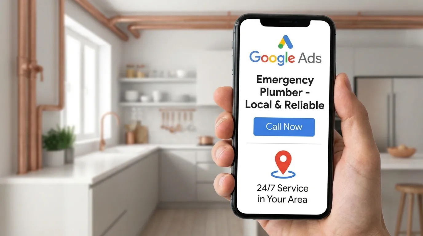 Écran de téléphone montrant une annonce Google Ads pour un artisan plombier local