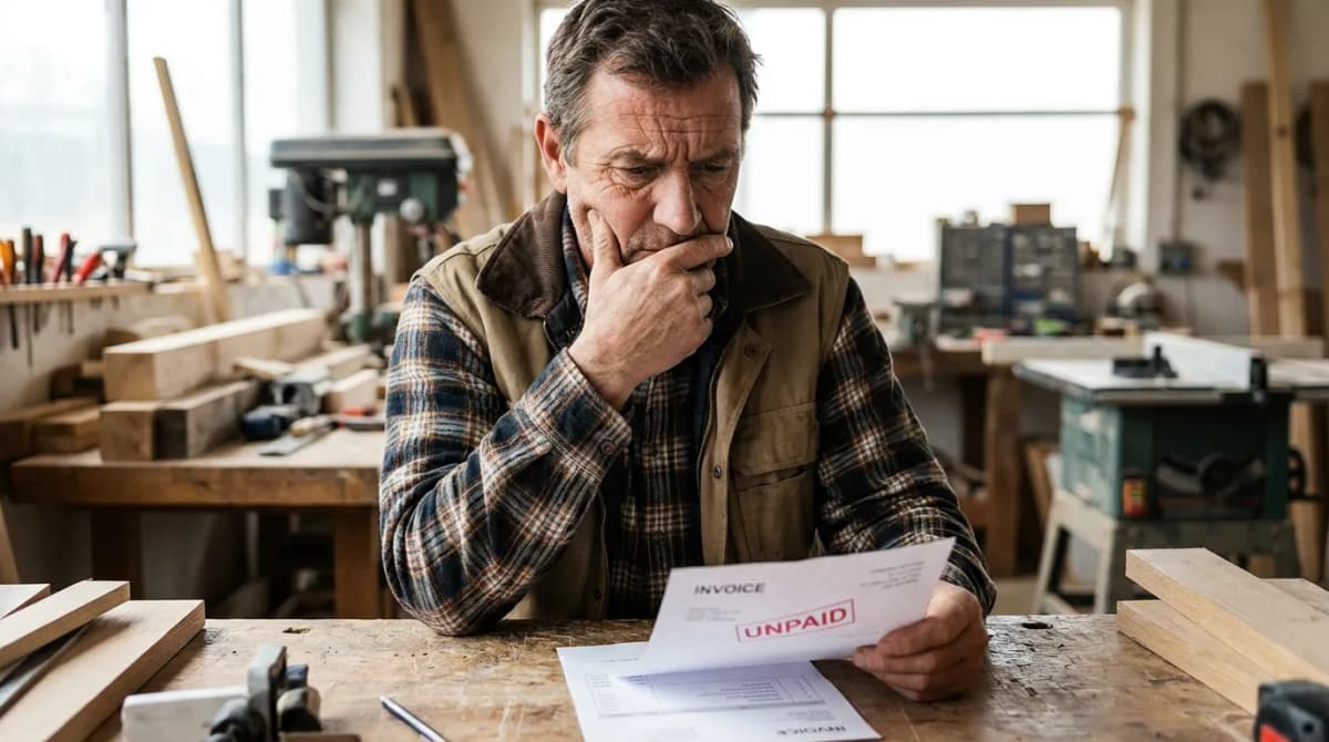 Artisan regardant une facture impayée avec un air préoccupé dans son atelier