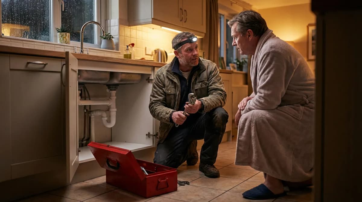 Plombier intervenant en urgence le soir chez un client avec sa boîte à outils