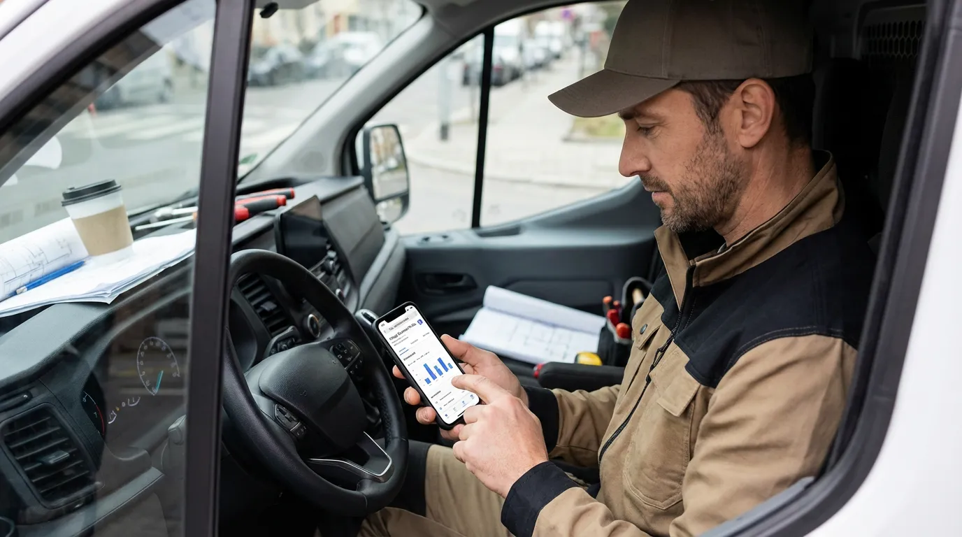 Artisan du bâtiment gérant sa fiche Google Business sur son téléphone depuis son camion
