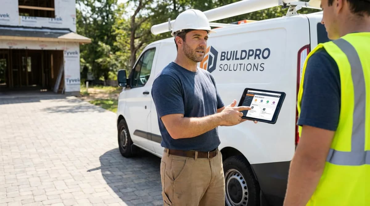 Artisan du bâtiment consultant une application de gestion sur tablette devant son camion