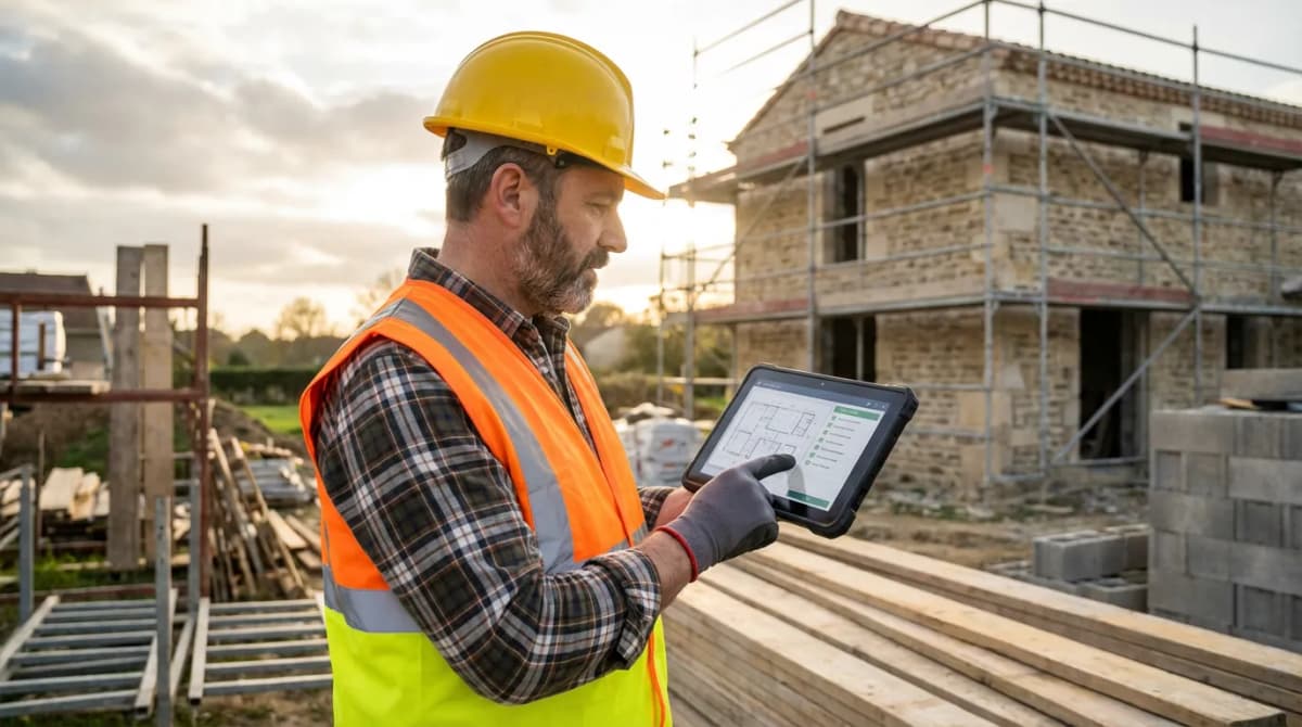 Artisan du bâtiment utilisant une tablette sur un chantier