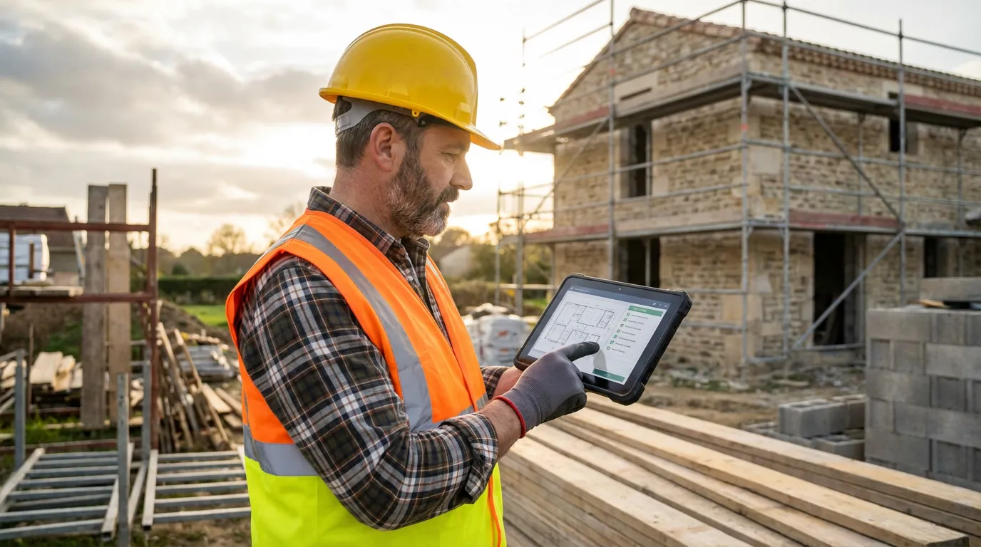 Artisan du bâtiment utilisant une tablette sur un chantier