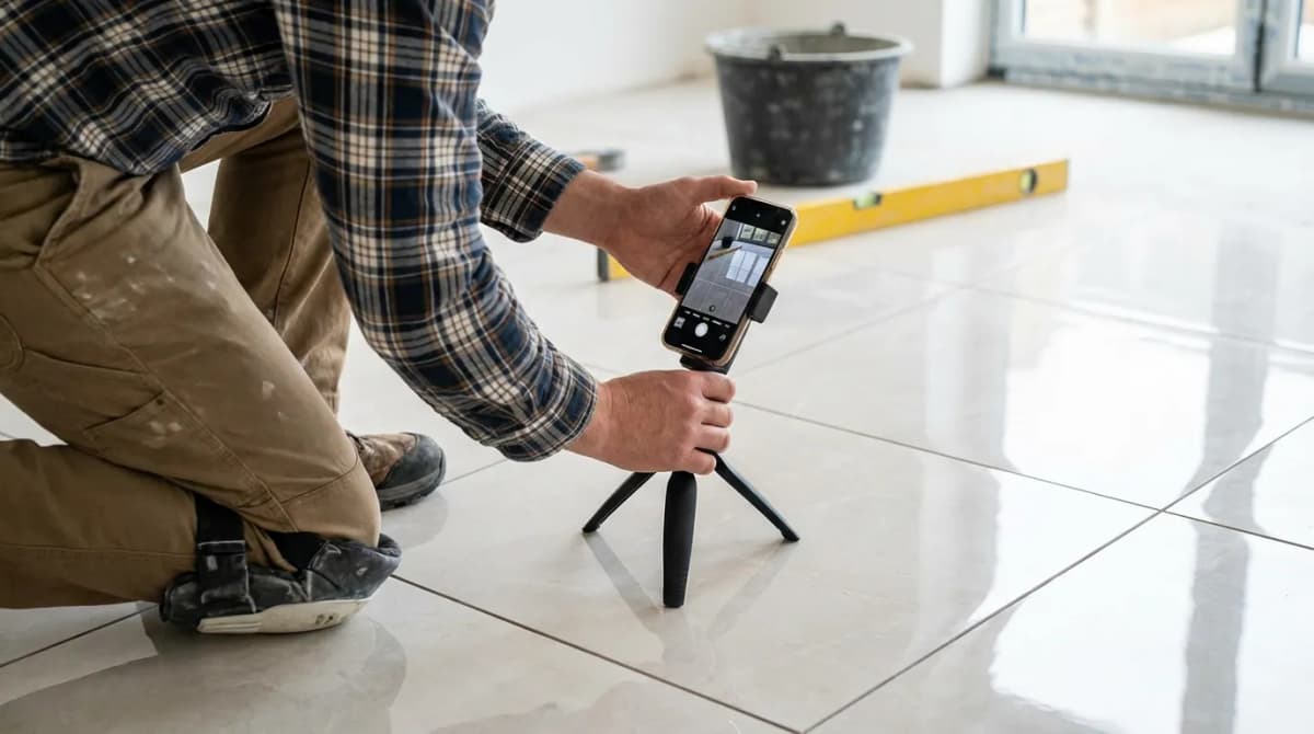 Artisan photographiant un carrelage fraîchement posé avec son smartphone sur un chantier