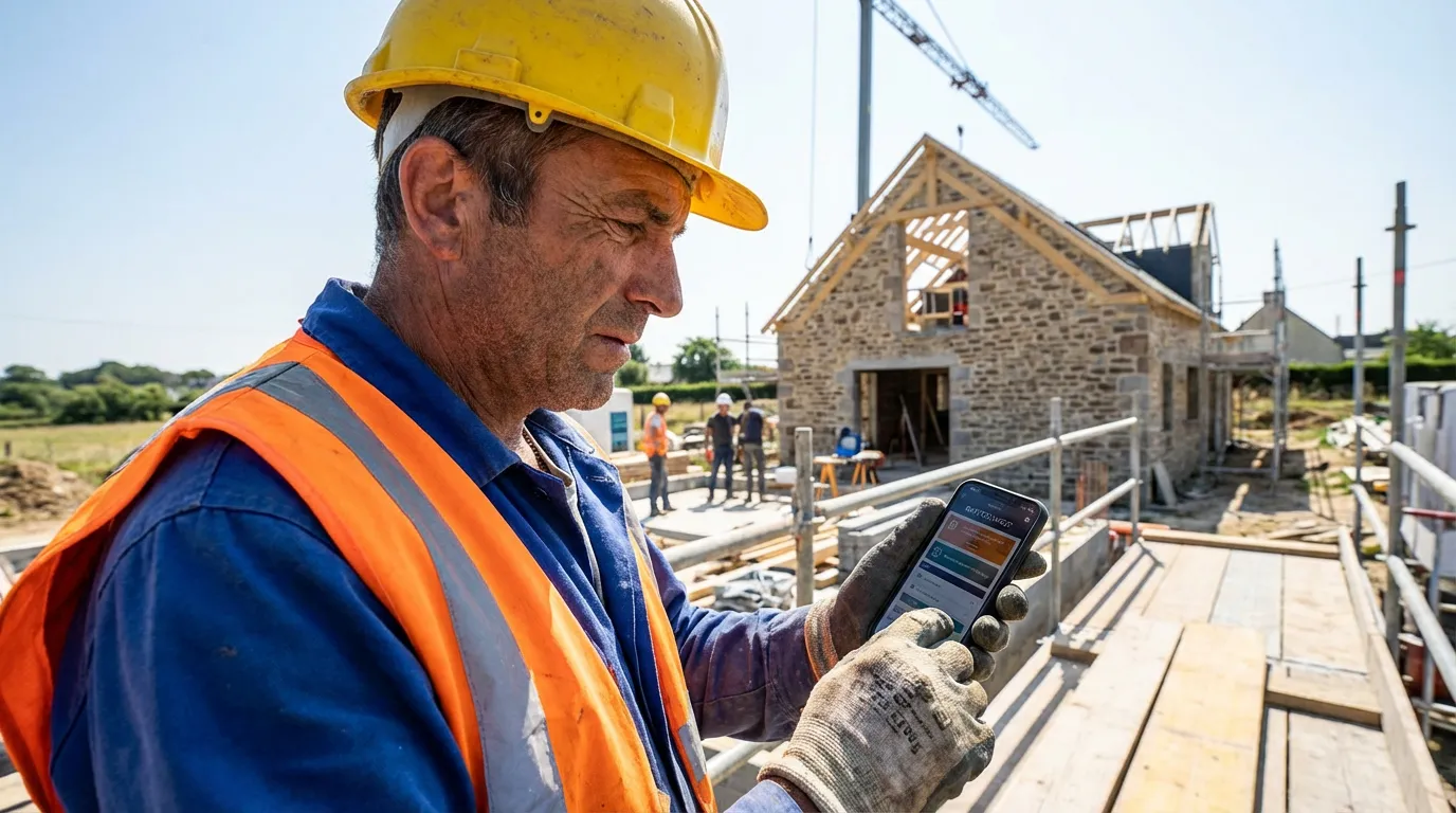 Artisan consultant une plateforme de mise en relation sur son téléphone sur un chantier
