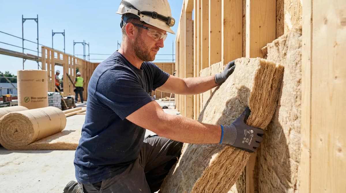 Artisan posant une isolation biosourcée sur un chantier de construction neuve