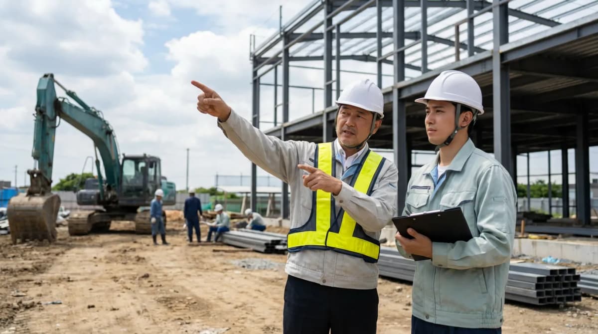 Artisan chef d'entreprise faisant visiter un chantier à un nouveau compagnon