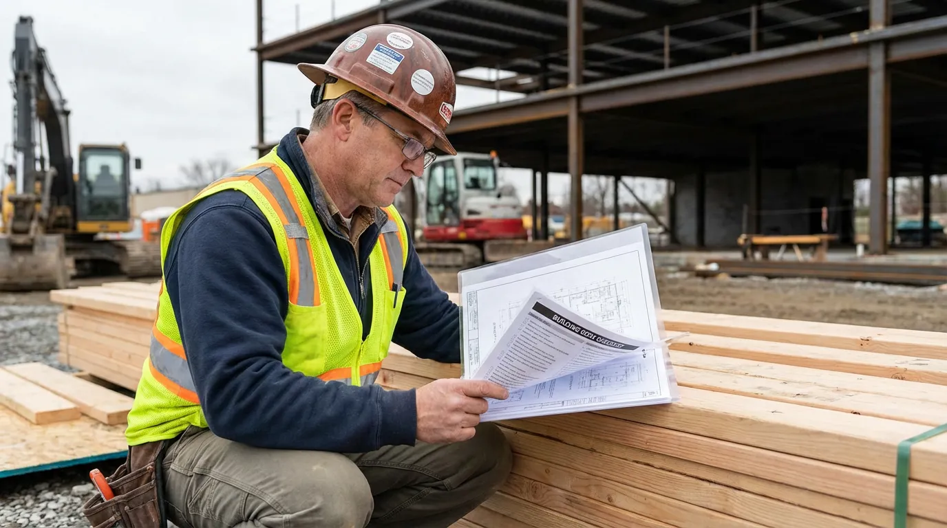 Artisan du bâtiment consultant un document réglementaire sur un chantier de construction