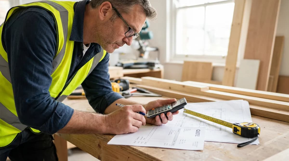 Artisan du bâtiment calculant ses prix sur un devis posé sur un établi