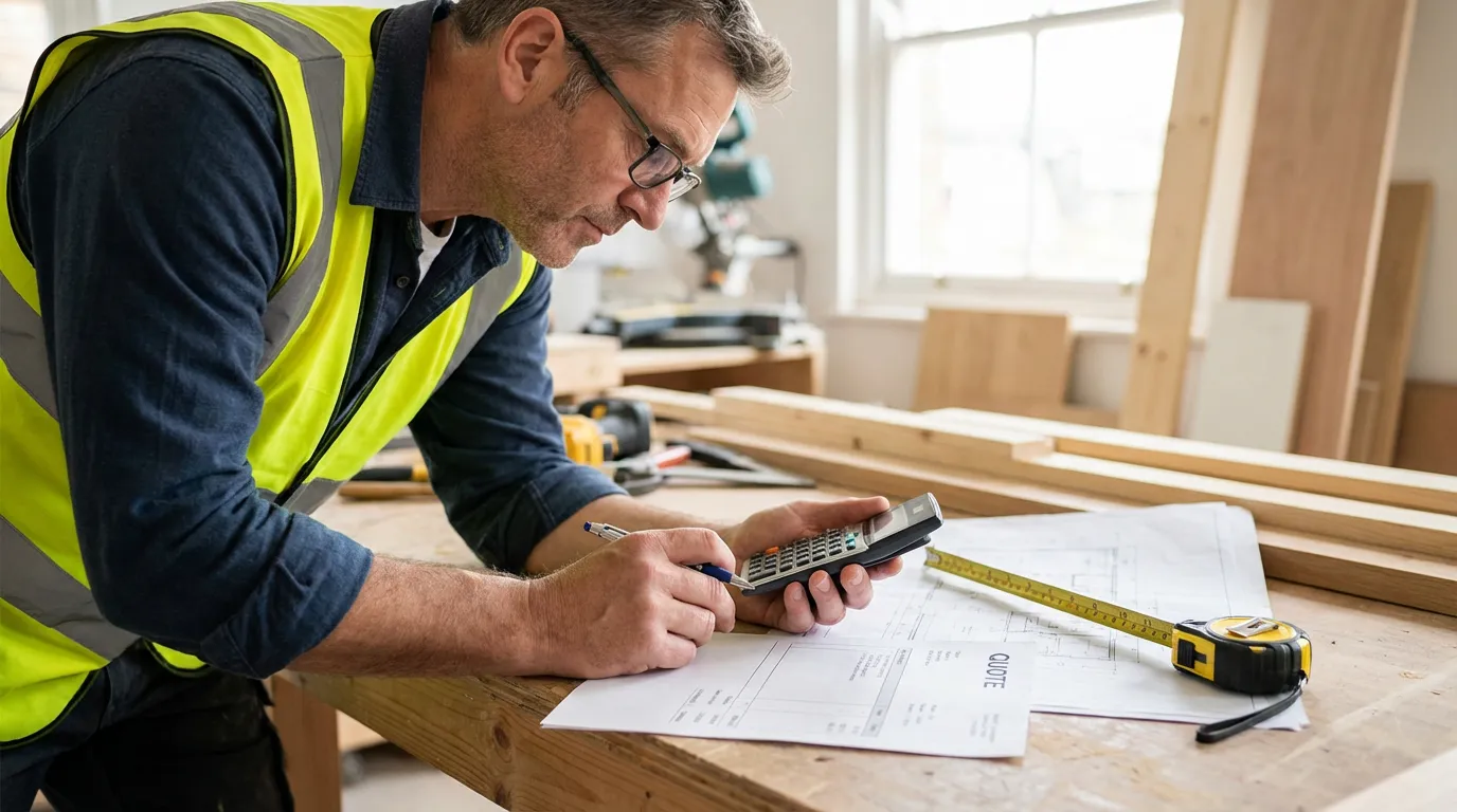 Artisan du bâtiment calculant ses prix sur un devis posé sur un établi