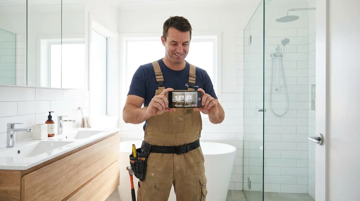 Artisan prenant une photo avant-après d'une salle de bain rénovée pour Instagram
