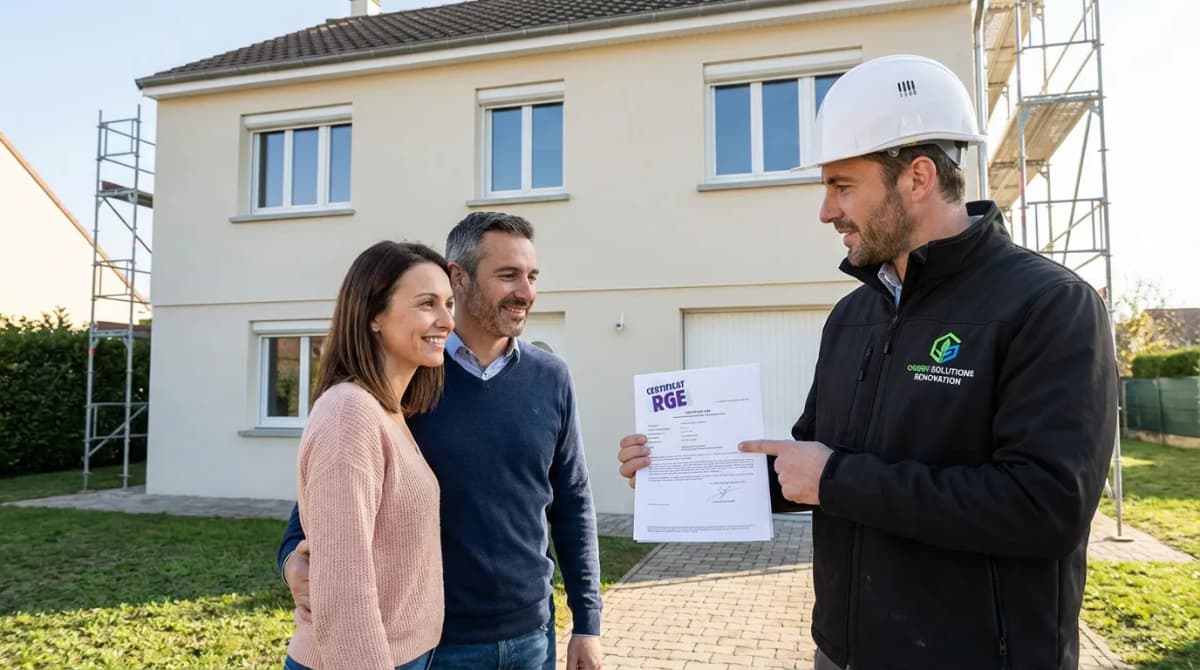 Artisan montrant son certificat RGE à un client devant une maison en rénovation énergétique