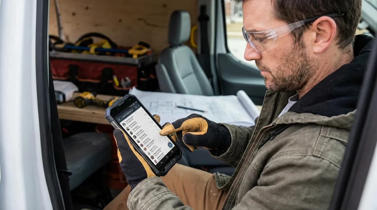 Artisan consultant la liste de ses contacts clients sur son téléphone professionnel