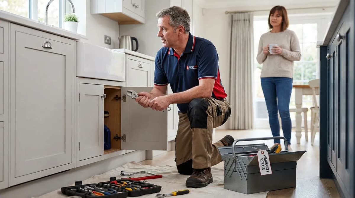 Artisan plombier revenant chez un client pour une intervention SAV avec sa boîte à outils