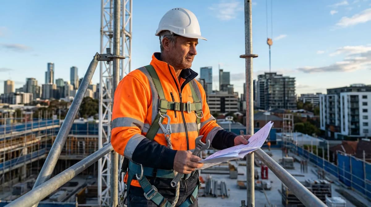 Artisan du bâtiment portant un casque et un harnais de sécurité sur un échafaudage