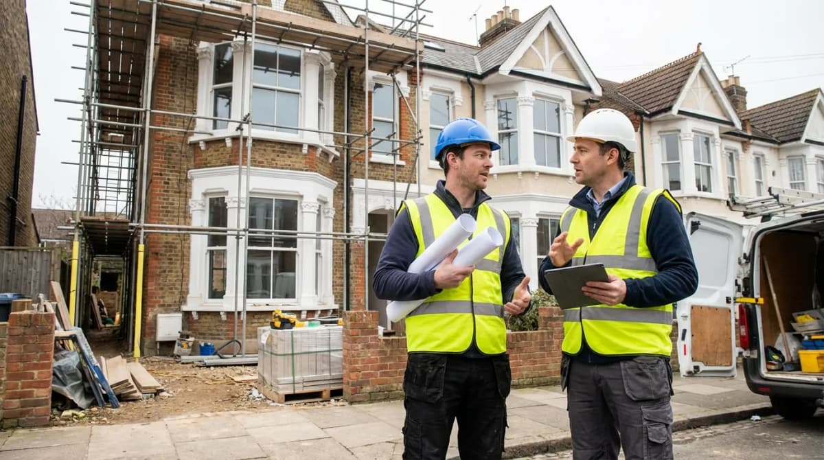Deux artisans du bâtiment discutant d'un plan de chantier devant une maison en rénovation