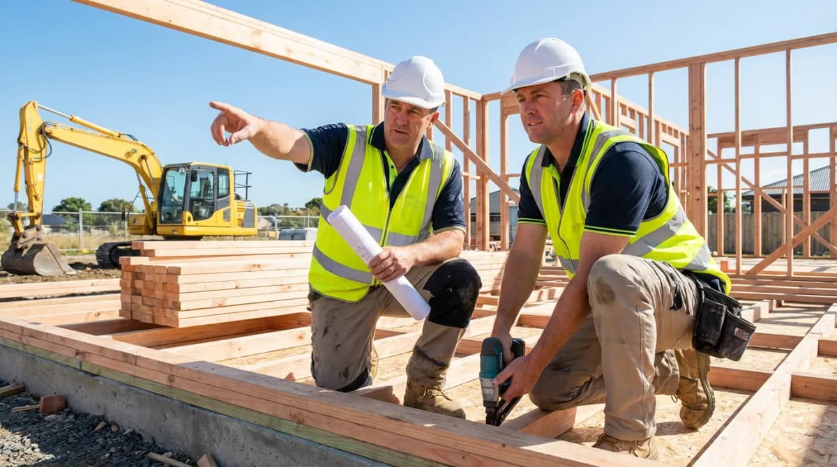 Deux artisans coordonnant la pose d'une charpente sur un chantier de maison