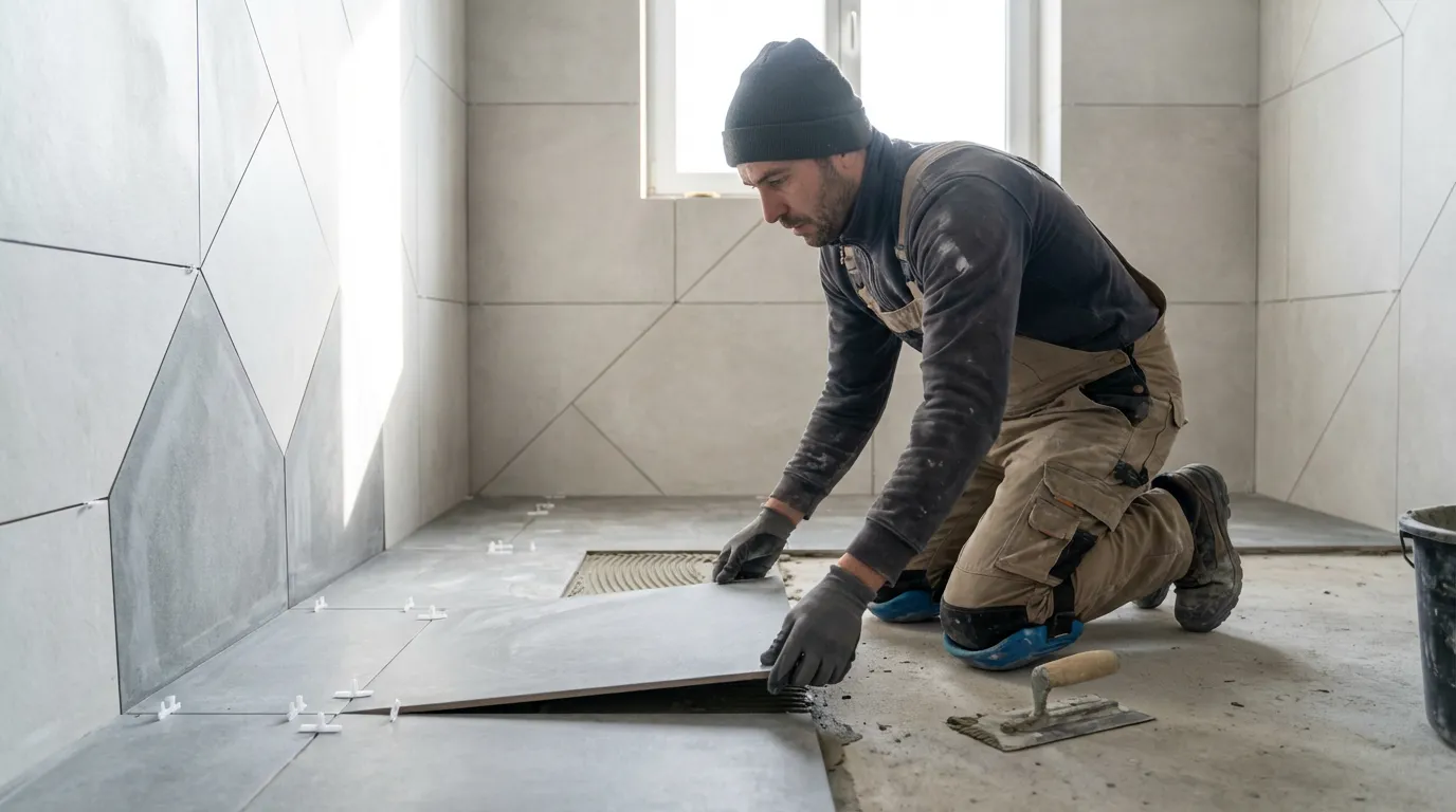 Un carreleur à genoux pose du carrelage dans une salle de bain moderne, croisillons et colle visibles