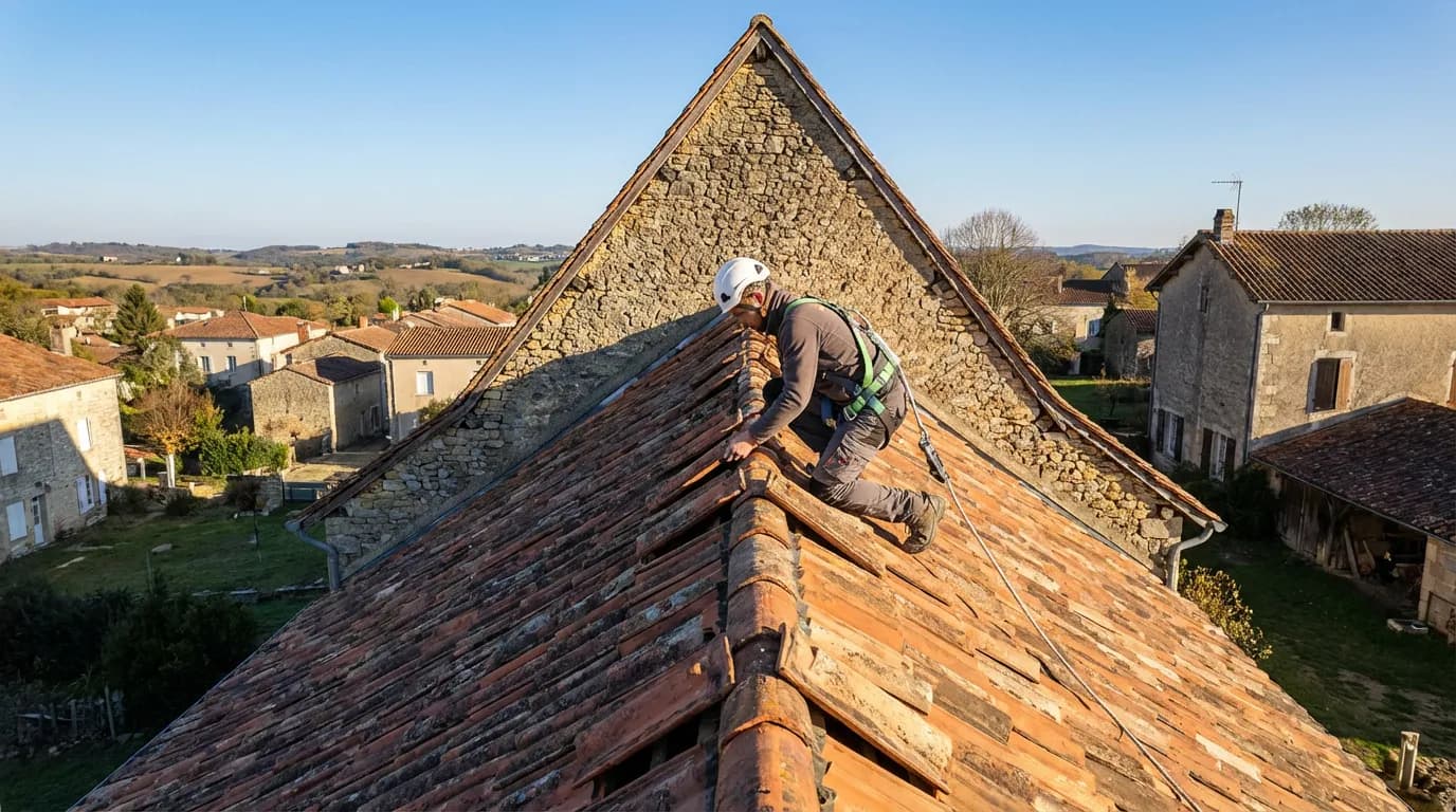 Un couvreur travaille sur des tuiles en terre cuite sur le toit d'une maison traditionnelle française, ciel bleu