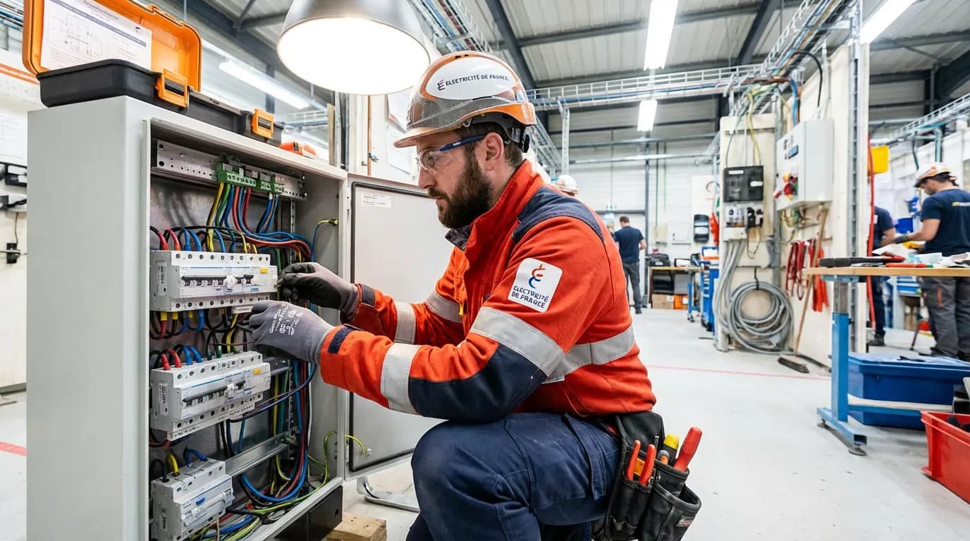 Un électricien concentré sur un tableau électrique, câbles et disjoncteurs visibles, équipement de sécurité