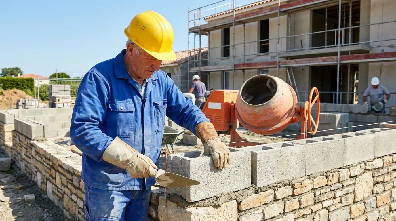 Un maçon pose des parpaings sur un chantier de construction, bétonnière à proximité, journée ensoleillée