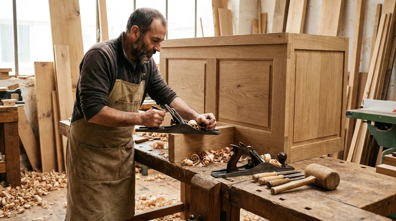 Un menuisier fabrique un meuble en bois sur mesure dans son atelier, copeaux sur l'établi, rabots et ciseaux visibles