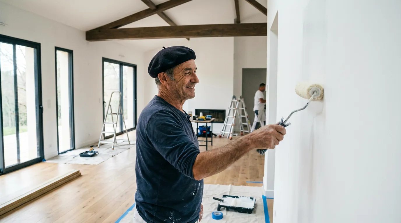 Un peintre en bâtiment utilise un rouleau sur un mur blanc dans une pièce en rénovation, lumière naturelle