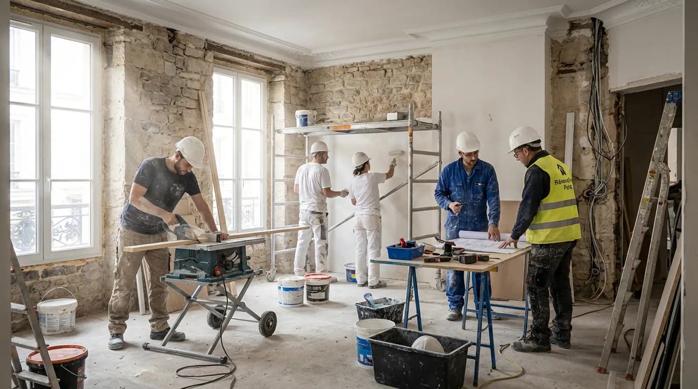 Une équipe de rénovation travaille dans un appartement en cours de rénovation, plusieurs corps de métier collaborent